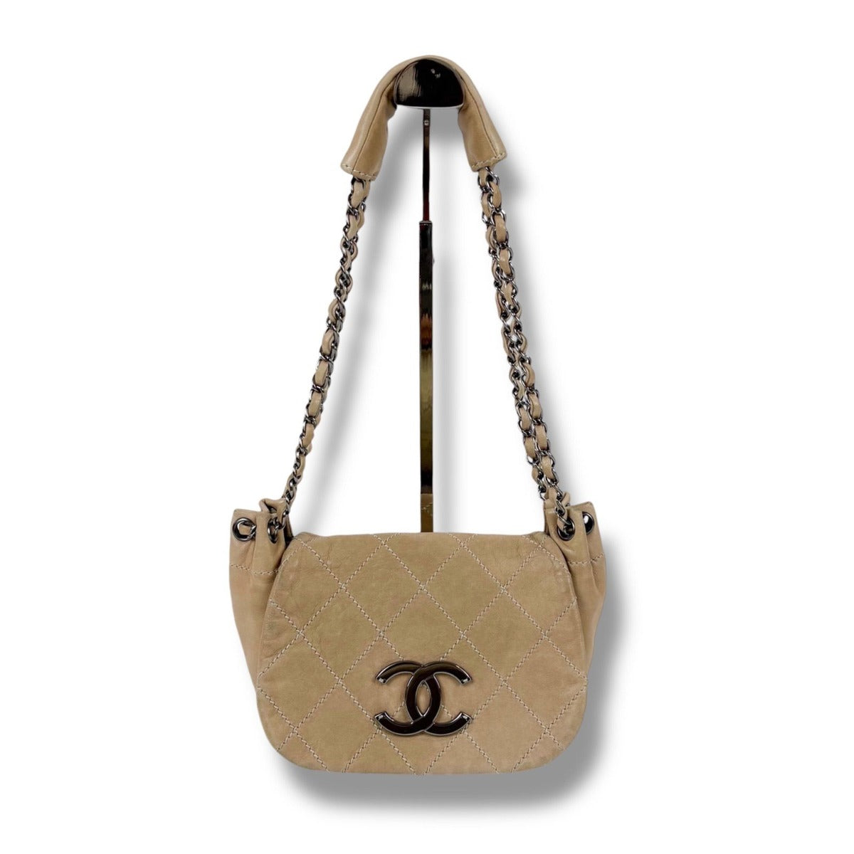 Chanel CC Logo Leather Chain Shoulder Bag Mini Beige Quilted — view 2