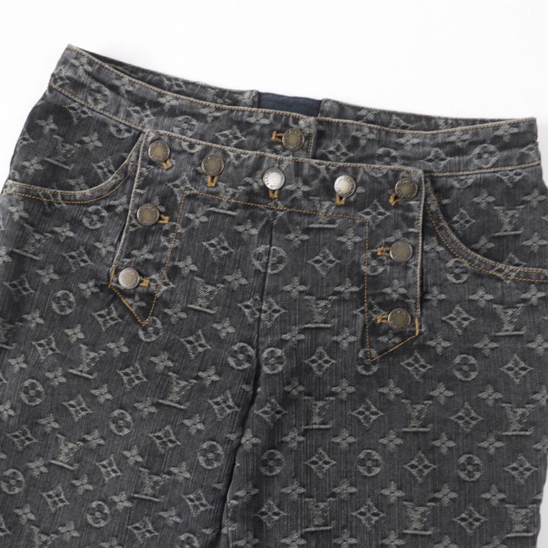 Louis Vuitton 100% Cotton Monogram Denim Pants With Logo Button Indigo Black 38