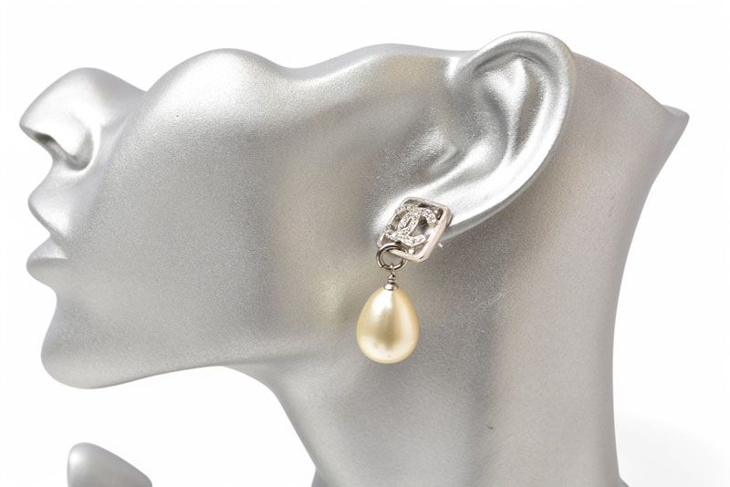 Chanel Earrings Chanel CC Motif Coco Mark Rhinestone Swing Pearl Silver White