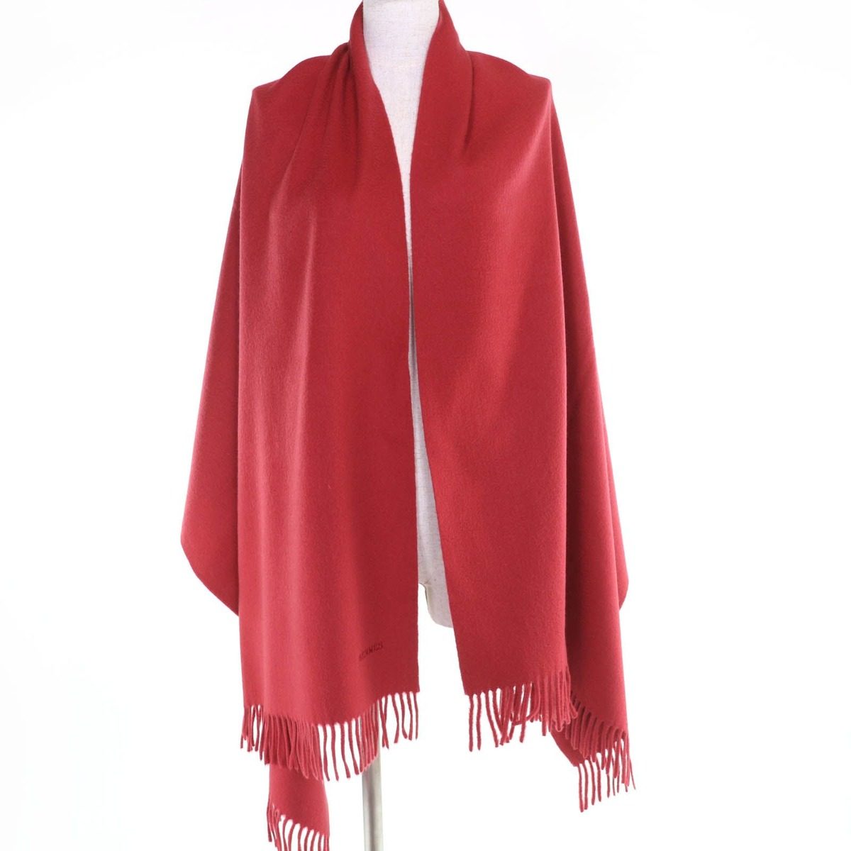 Hermes Cashmere Logo Embroidery with Fringe Large Shawl Scarf Red — view 3