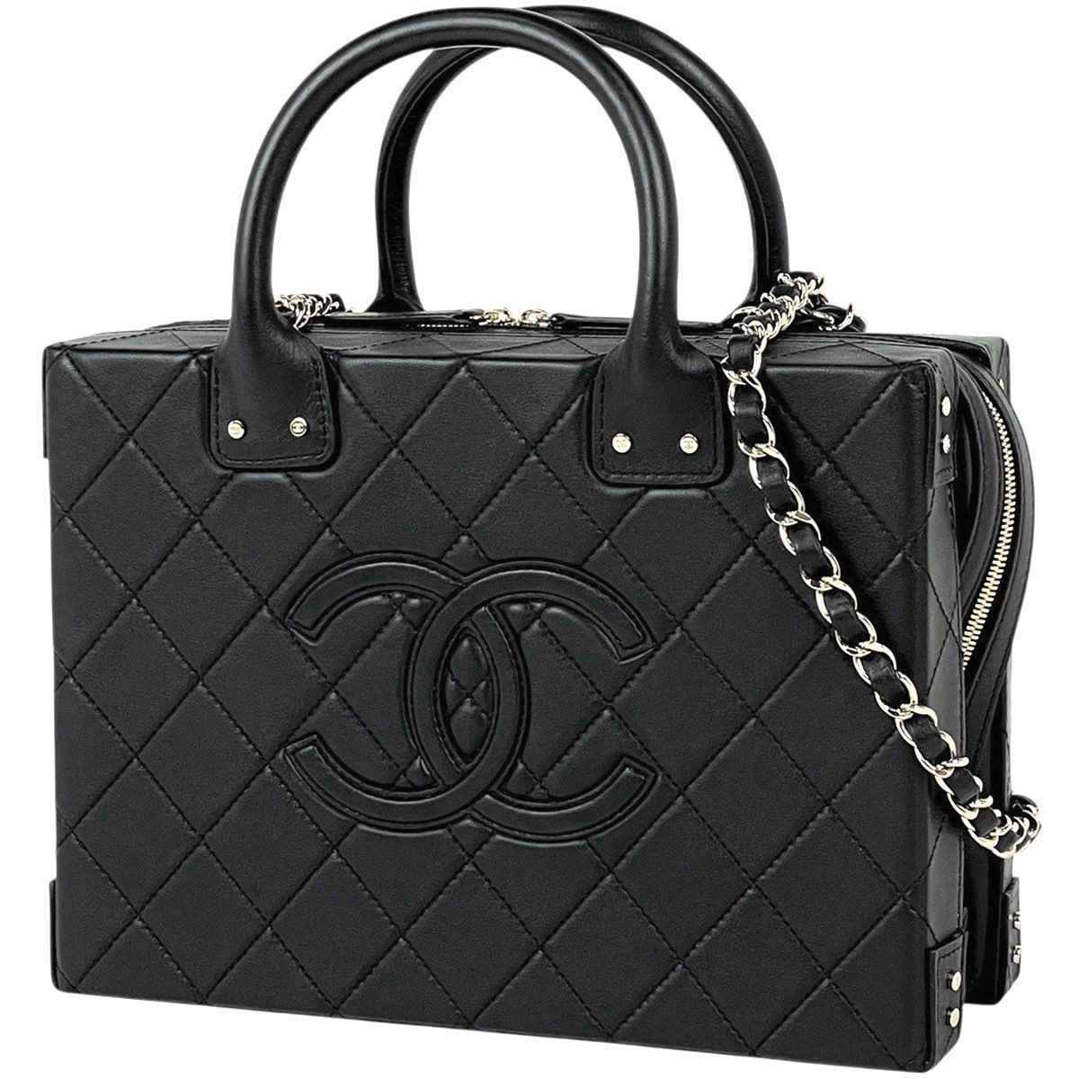 Chanel CC Logo Chain Shoulder Bag Quilted 2-Way Vanity Leather Black
