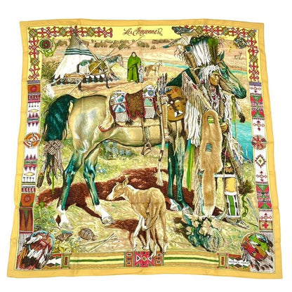 Hermes Les Cheyennes Cheyenne Carre 90 Silk Yellow Multicolor