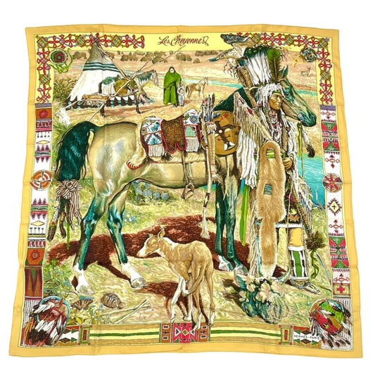 Hermes Les Cheyennes Cheyenne Carre 90 Silk Yellow Multicolor