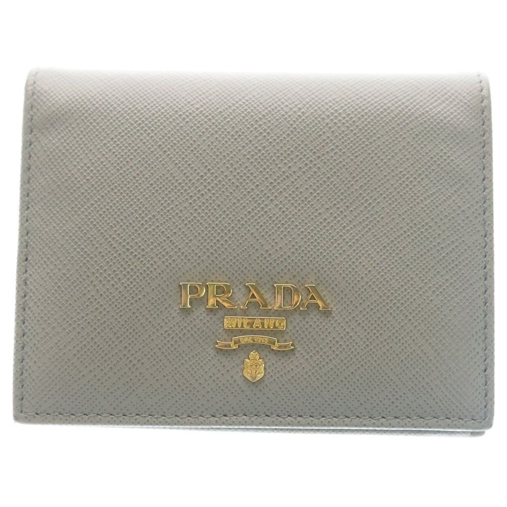Prada Saffiano Bifold Compact Wallet Card Case Blue Grey Leather Gold