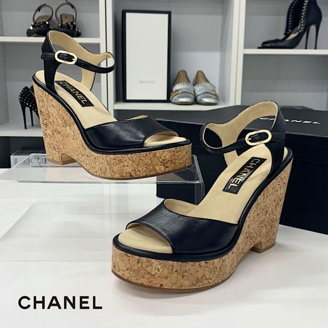 Chanel CC Logo Cork Leather Wedge Sole Sandals Black