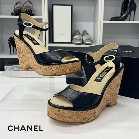 Chanel CC Logo Cork Leather Wedge Sole Sandals Black