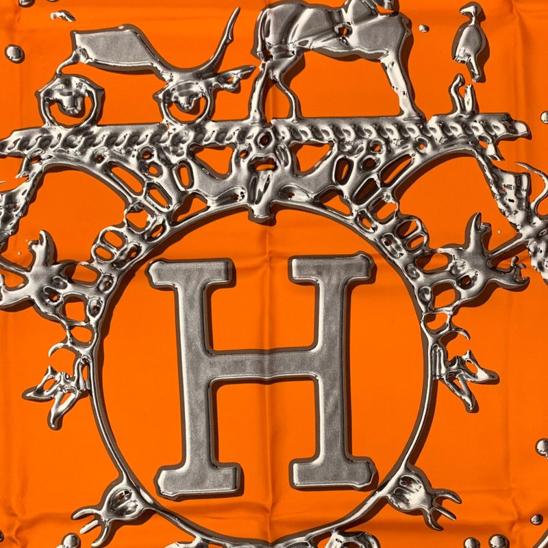 Hermes Carre 90 VIF Argent Silver Drops Orange Silk Scarf With Box