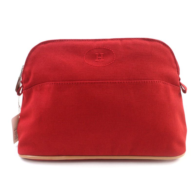 Hermes Bolide Pouch MM 100% Cotton Rouge H Logo Embroidery Leather ZIP Pouch