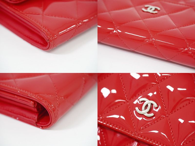 Authentic Chanel Coco Mark Matelasse Long Wallet Patent Leather Red Matelasse