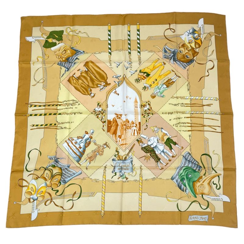 Hermes Carre 90 Scarf Silk Carnaval DE Venise Carnival Of Venice Yellow