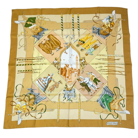 Hermes Carré 90 Scarf Silk Carnaval DE Venise Carnival Of Venice Yellow