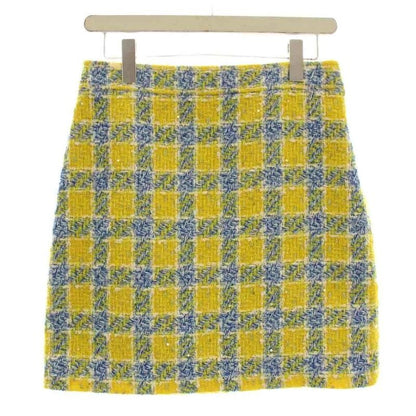 Gucci Tweed Skirt Knee Length Checked Sequins 38 Yellow