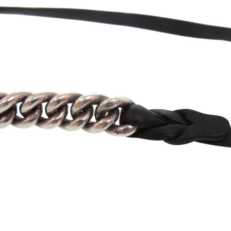 Hermes Vintage Chain Silver 925 Leather Bracelet Black 1312 Hermes