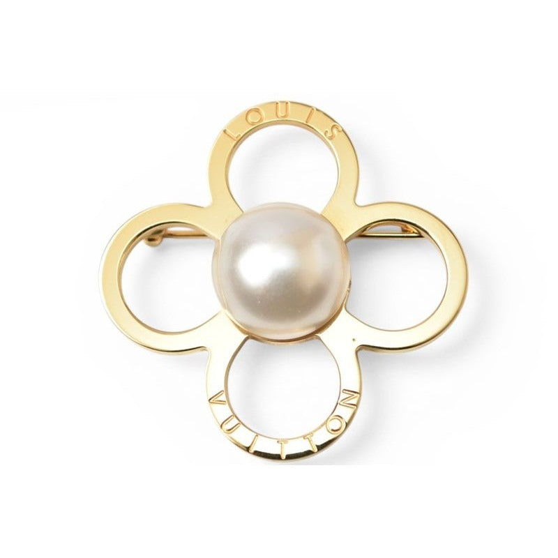Louis Vuitton Pin Brooch Monogram Flower Gold Pearl Motif