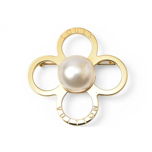 Louis Vuitton Pin Brooch Monogram Flower Gold Pearl Motif