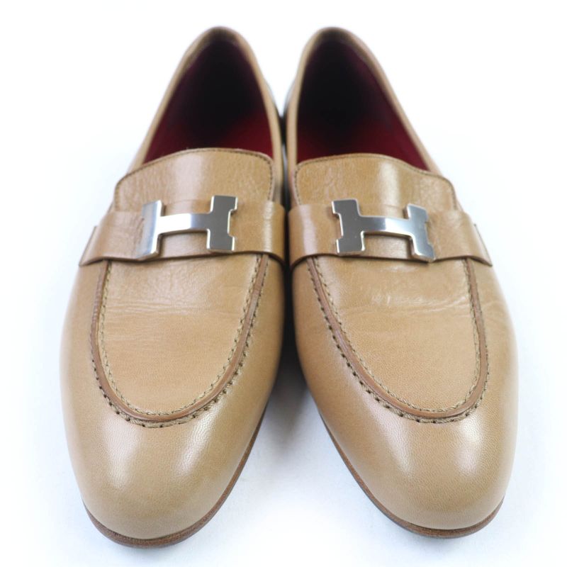 Hermes Moccasins Paris Constance Silver Hardware Leather Loafers Beige 38.5
