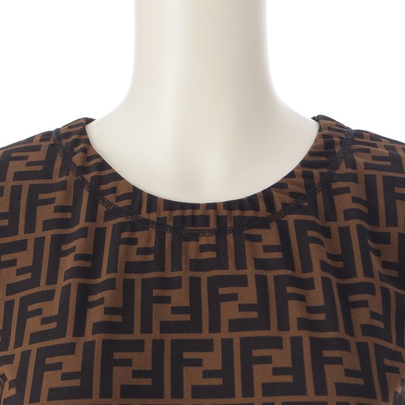 Fendi 19 Nylon Zucca Pattern Short Sleeve Crew Neck Long Dress Brown 38
