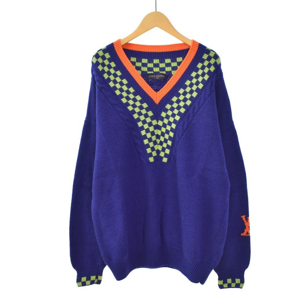 Louis Vuitton Damier V-neck Knit Sweater Cashmere Blend L Blue
