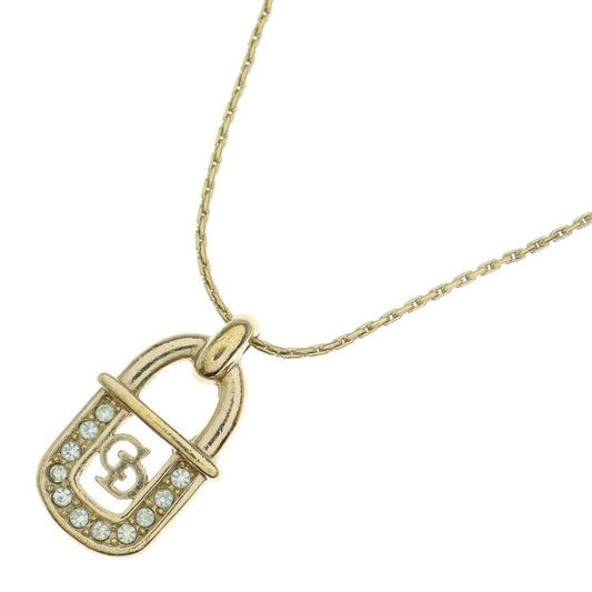 Dior Christian Padlock Necklace Pendant Chain Gold Rhinestone