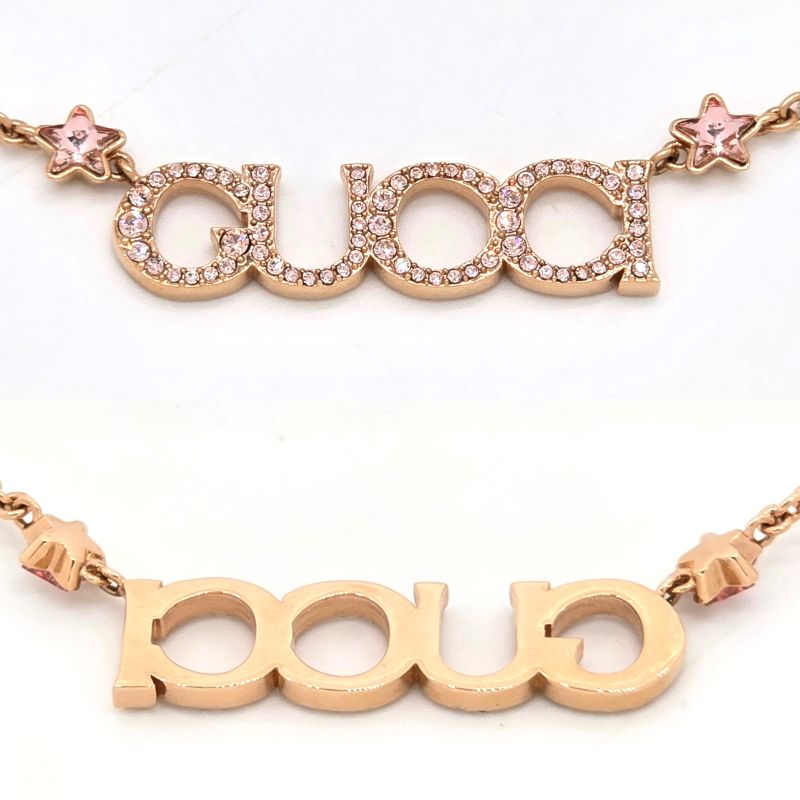 Gucci 774693 Logo Necklace 462cm (1819in) Long Crystal Script Logo Antique Pink