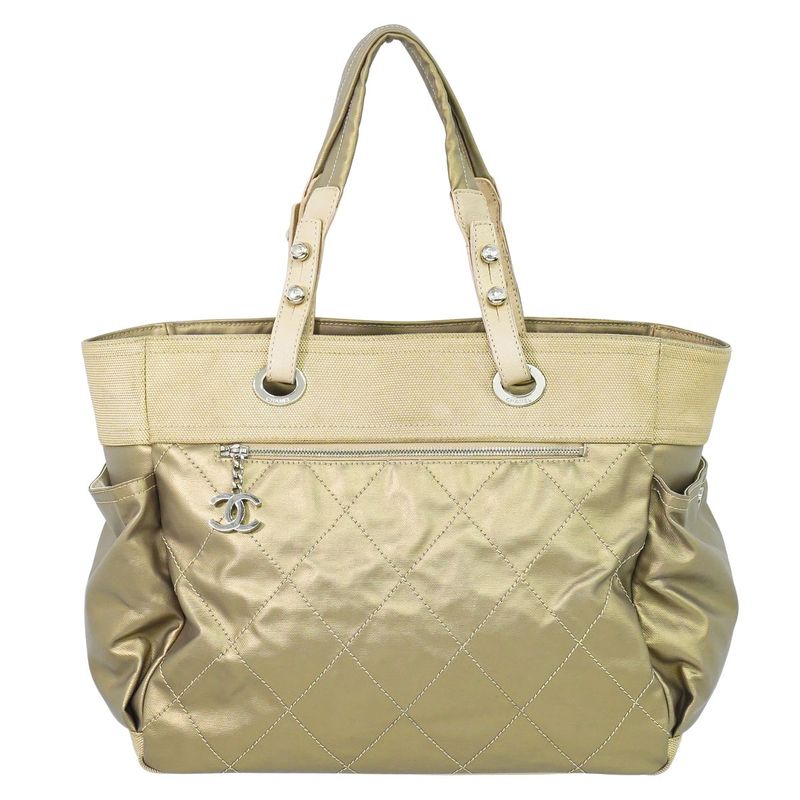 Authentic Chanel Coco Mark Paris Biarritz GM Tote Handbag Coated Canvas Gold