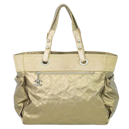 Authentic Chanel Coco Mark Paris Biarritz GM Tote Handbag Coated Canvas Gold