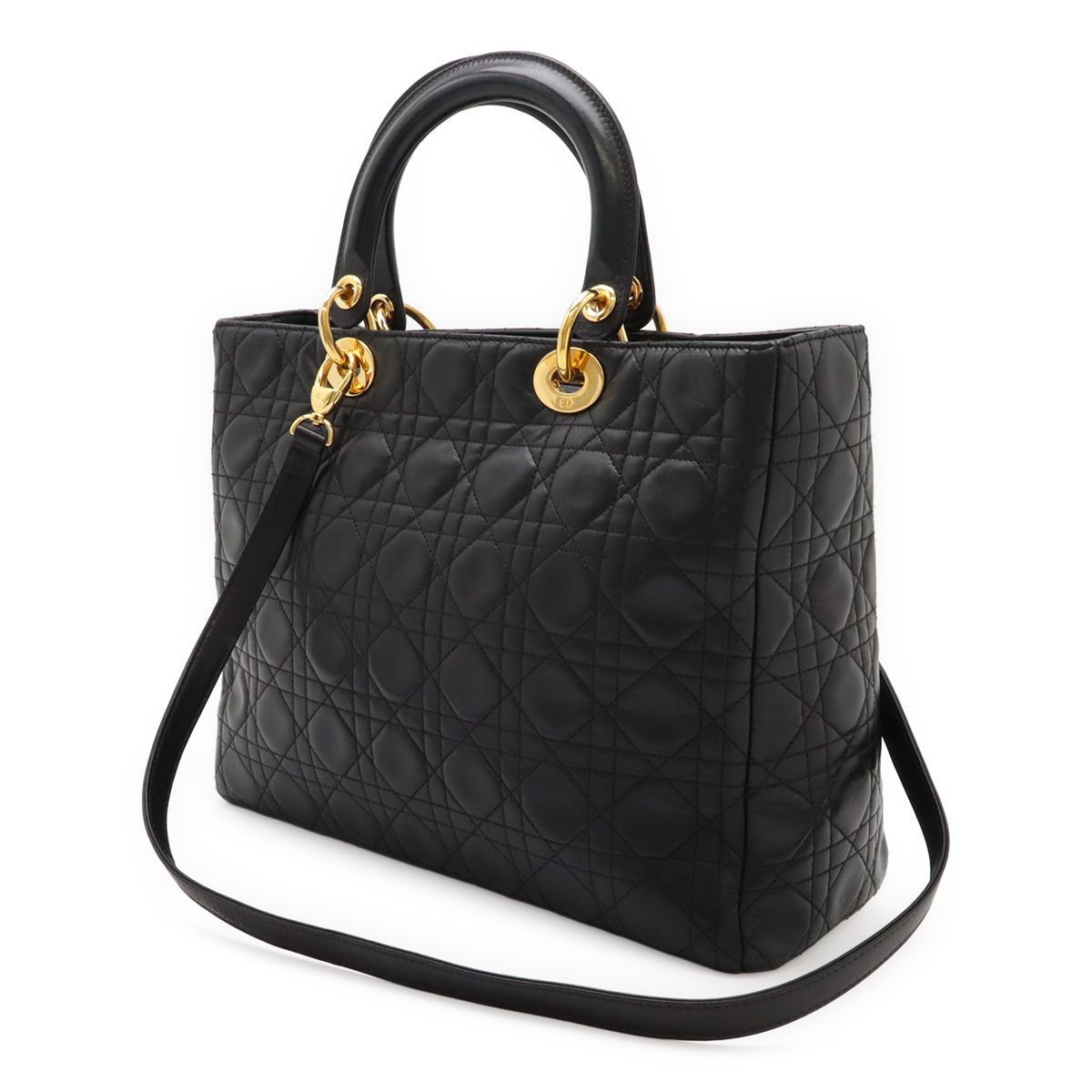 Christian DIOR Lady Dior Cannage Handbag Tote Bag Lambskin Black Black Gold