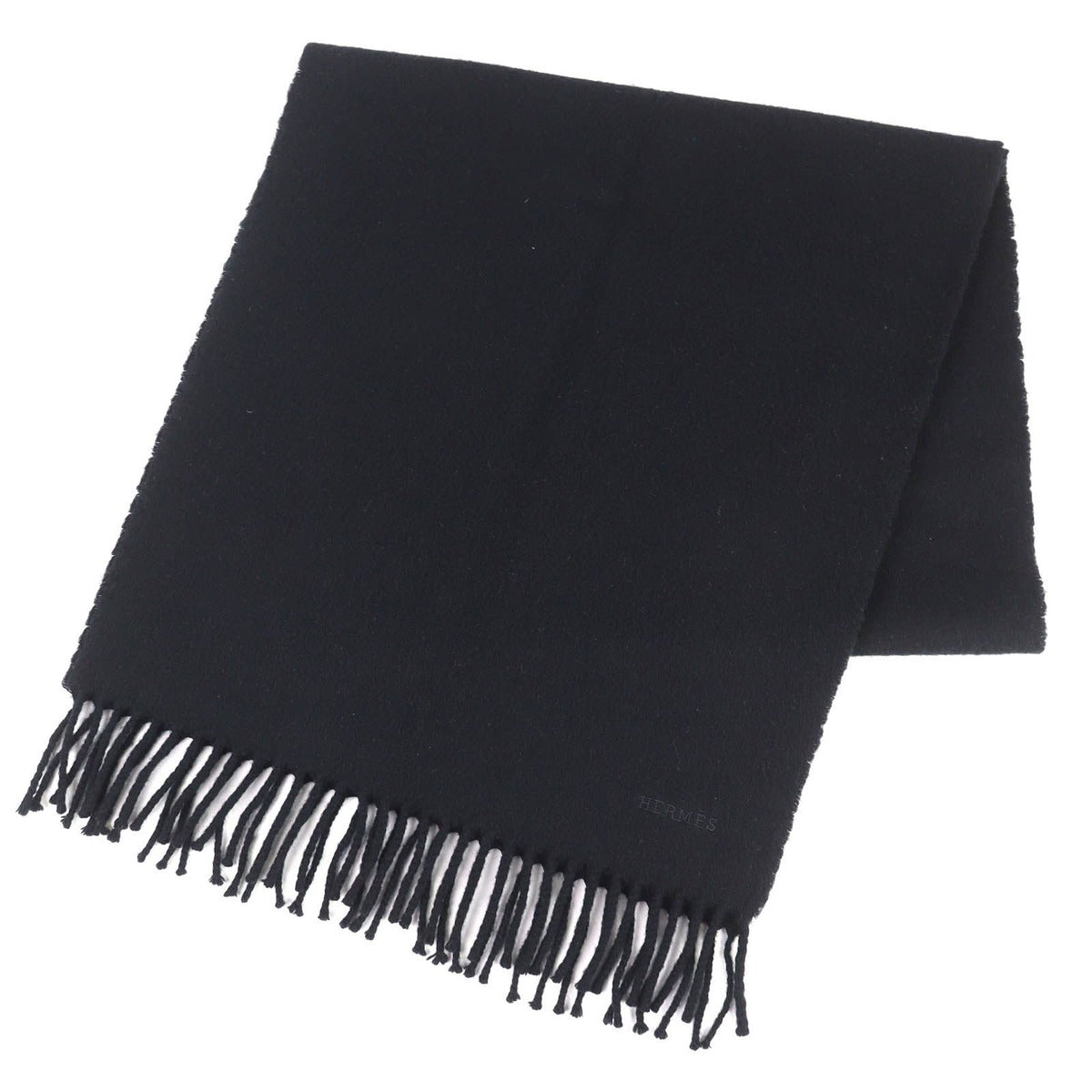 Hermes Cashmere Logo Embroidery Fringe Scarf Shawl Simple