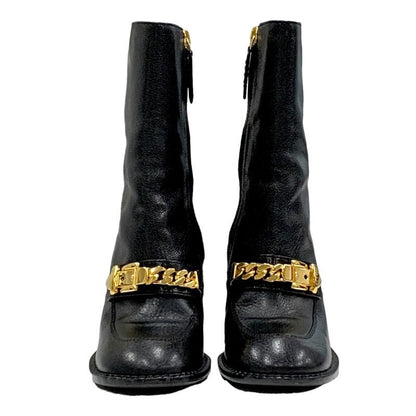 Gucci Boots Short Boots Shoes Chain Belt Leather Black Gold
