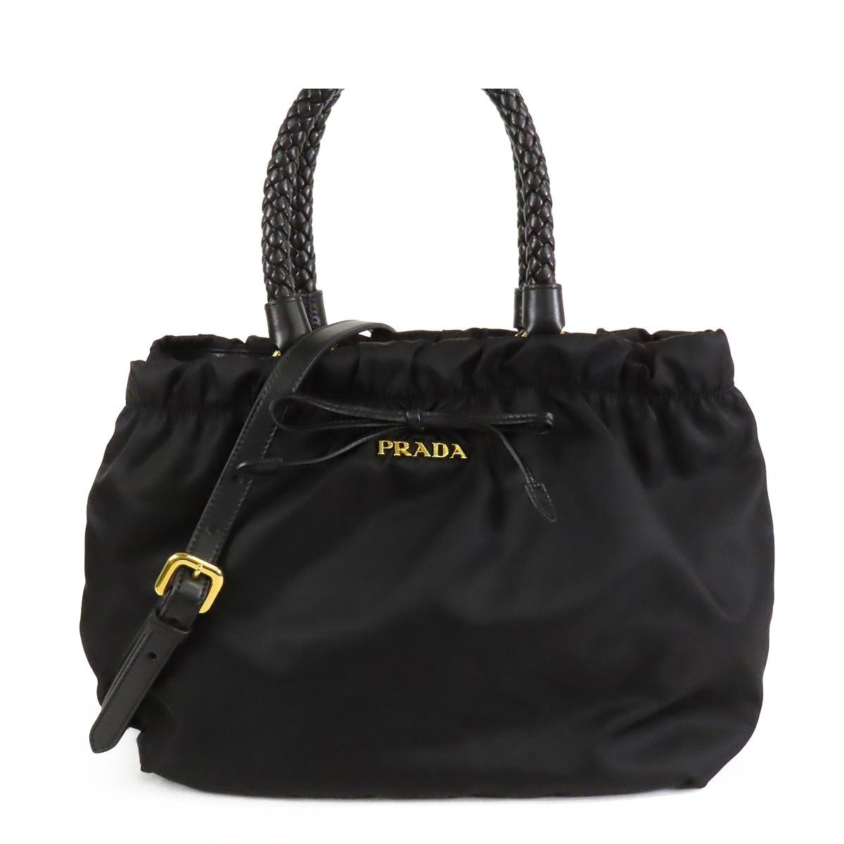 Prada Ribbon Gathered Black Tessuto 2-Way Shoulder Bag