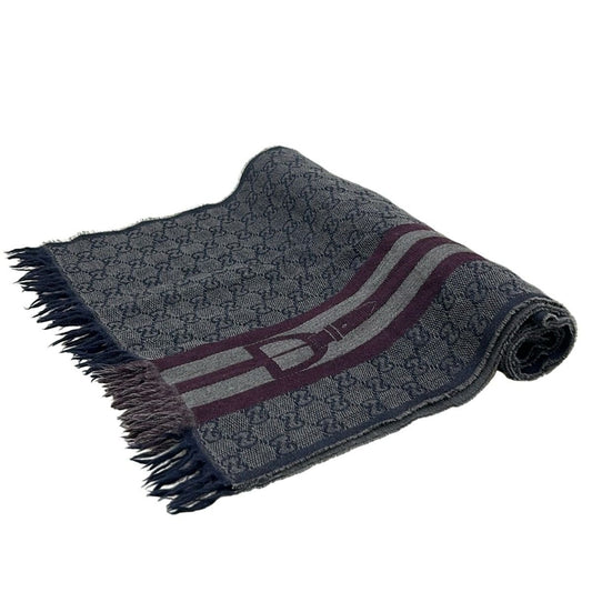 Gucci Scarf Dark Gray Gold GG Pattern Striped Wool