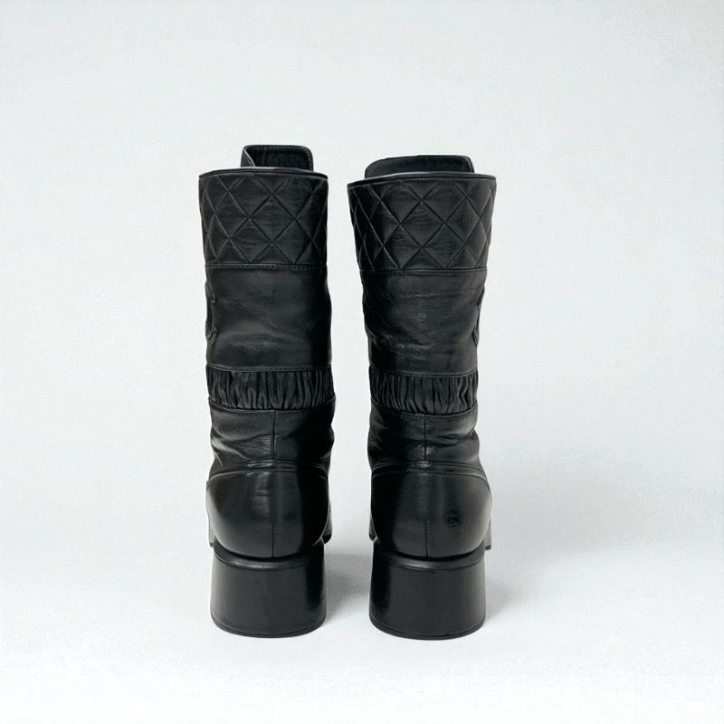 Chanel Boots Short Boots Shoes Leather Black Here Mark Matelasse Lace Up Middle