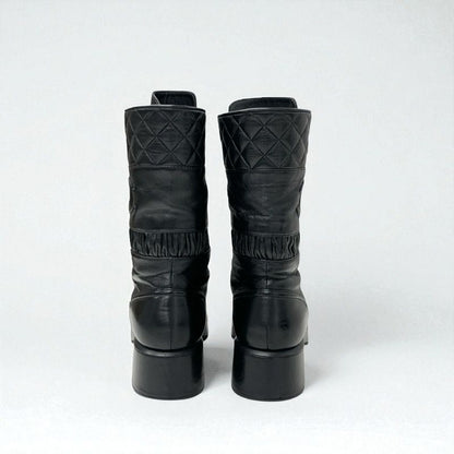 Chanel Boots Short Boots Shoes Leather Black Here Mark Matelasse Lace Up Middle