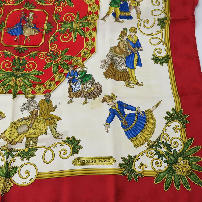 Hermes Scarf Carré 90 Joies D'hiver Winter Pleasures Silk Red Ivory Gold Large