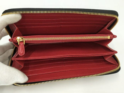 Prada Round Zipper Long Wallet Rose Saffiano Leather Black 1ml506