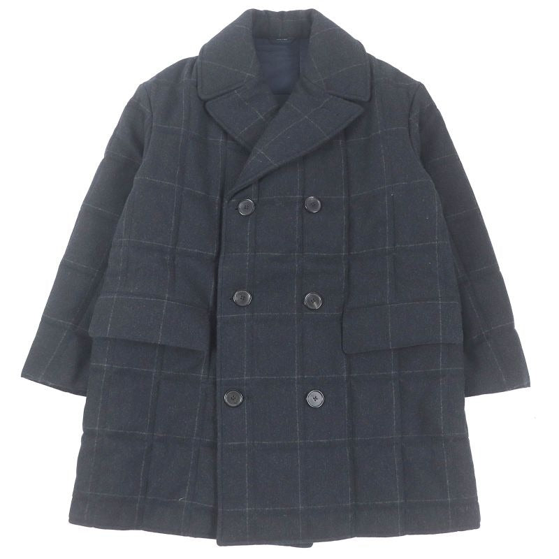 Hermes 23 AW Wool Cashmere Checked Double Breasted Padded Chester Coat Navy 48
