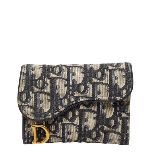 Dior Blue Jacquard Coin Case Wallet Navy Canvas Leather