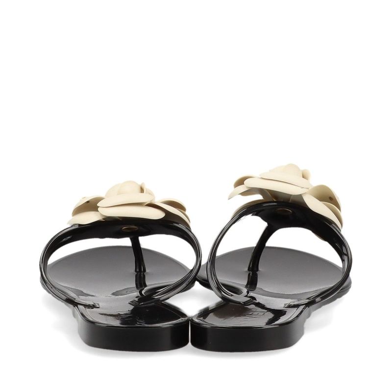 Chanel Coco Mark Camellia Rubber Sandals Women's 35 Black And White Made In