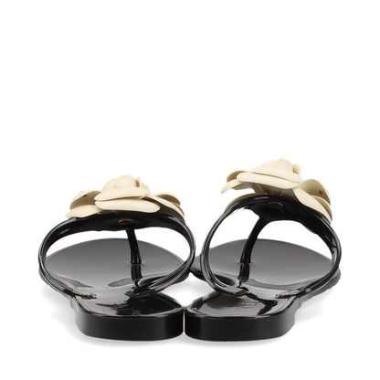 Chanel Coco Mark Camellia Rubber Sandals Women's 35 Black And White Made In