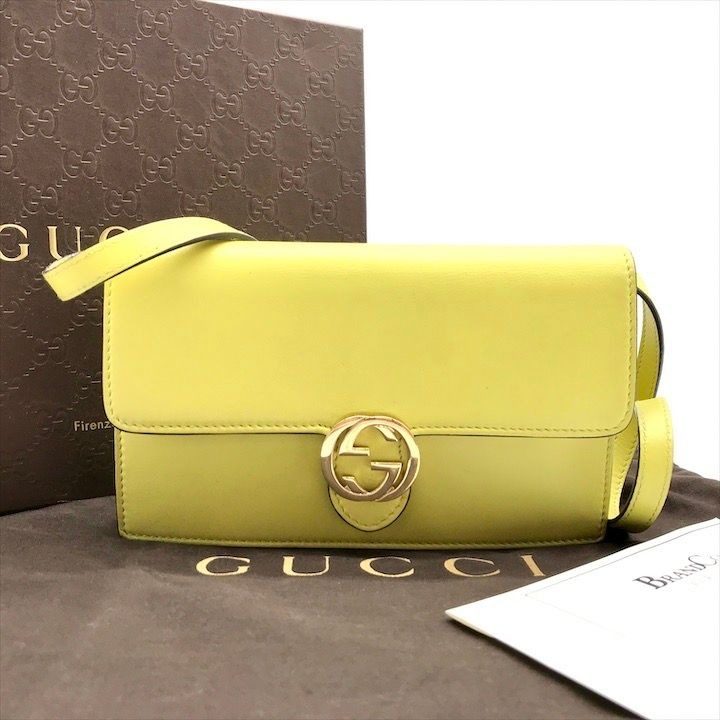 Gucci Interlocking 2-Way Shoulder Bag Wallet Lime Yellow Leather