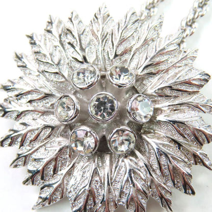 Christian DIOR Vintage Flower Design Pendant Necklace With Rhinestones Silver