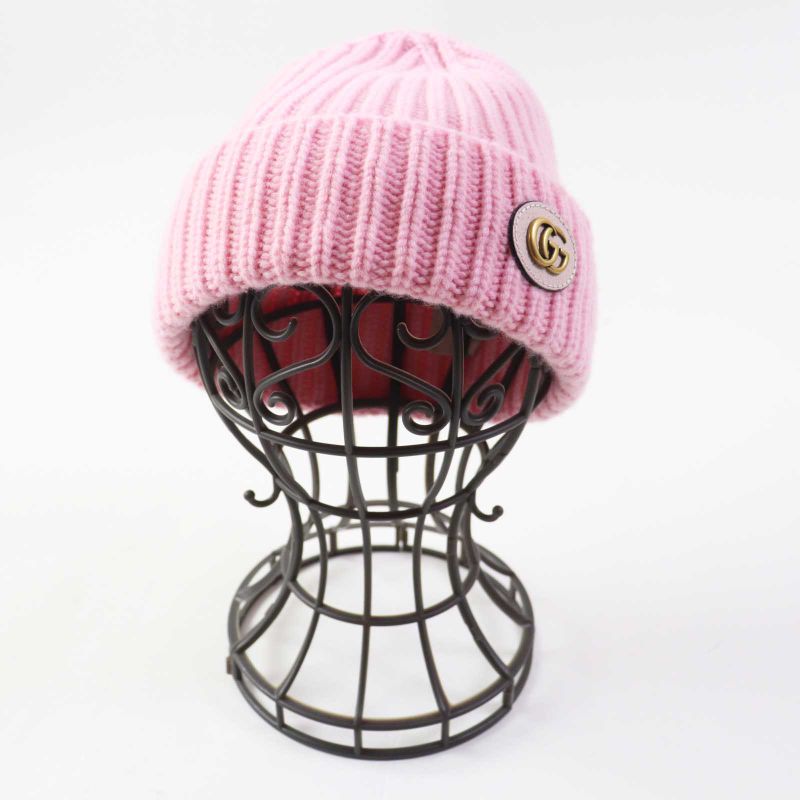 Gucci 764594 Wool Cashmere Current Double G Leather Usage Knit Cap Pink Gold