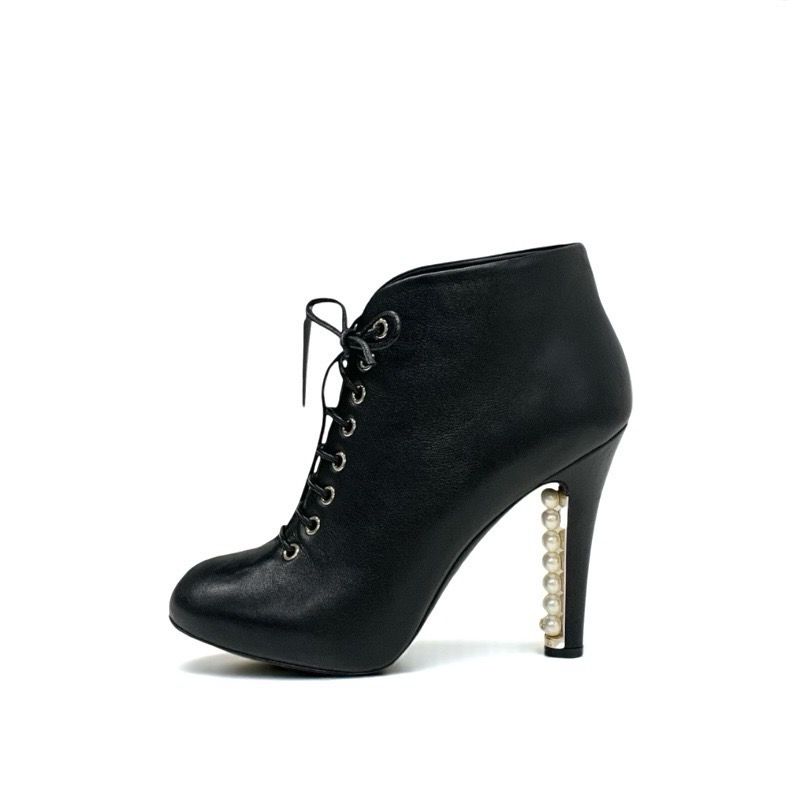 Chanel Boots Short Boots Shoes Leather Black Booties Lace Up Coco Mark Pearl