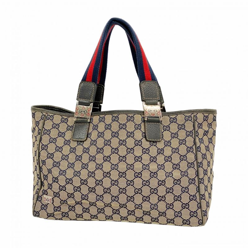 Gucci Tote Bag GG Canvas/sherry Line 145758 Canvas Beige Navy Red Silver