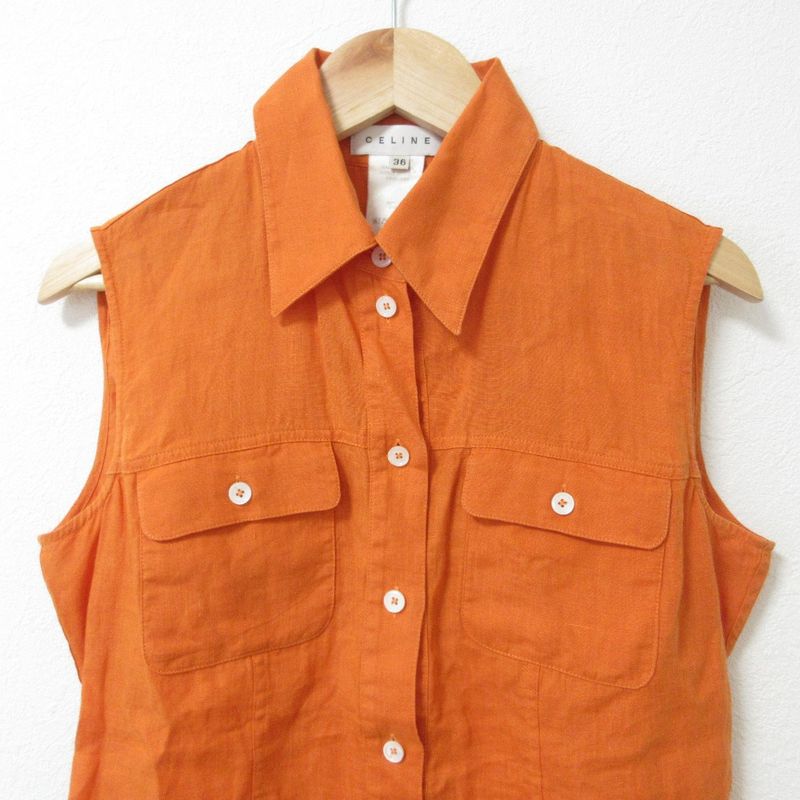 Good Celine 100% Linen Sleeveless Pullover Shirt Blouse Size 36 Orange Women