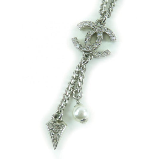 Chanel F25 C Coco Mark Rhinestone Faux Pearl Necklace Pendant Silver