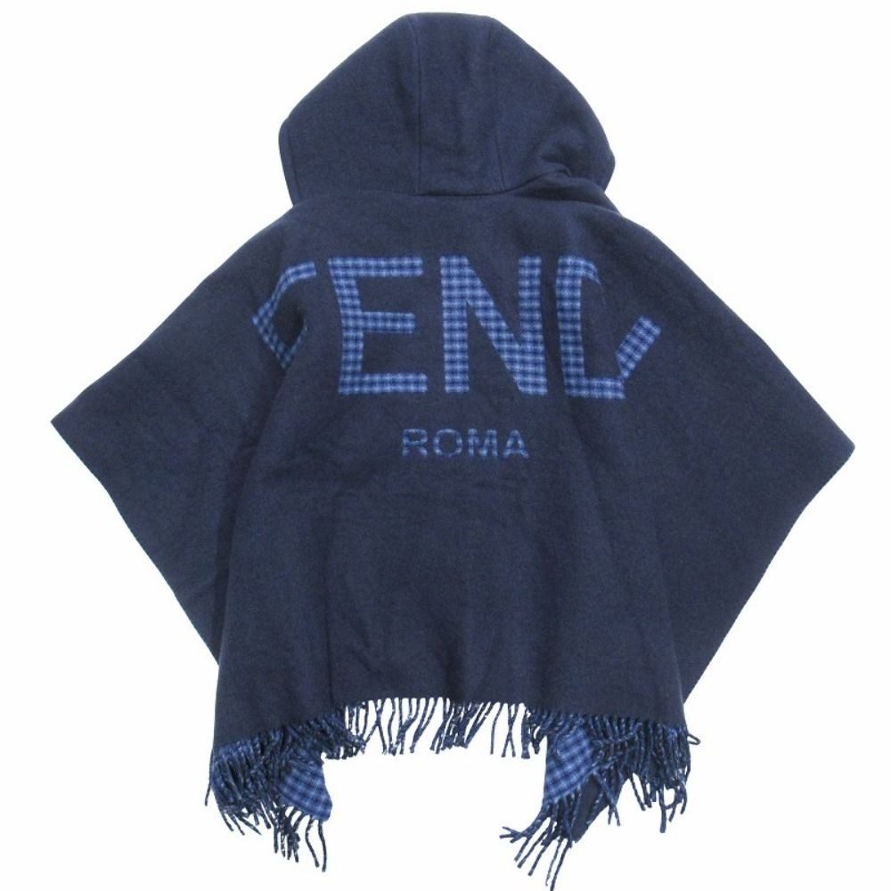 Fendi Back Logo Wool Cashmere Poncho Jacket Fringe Navy