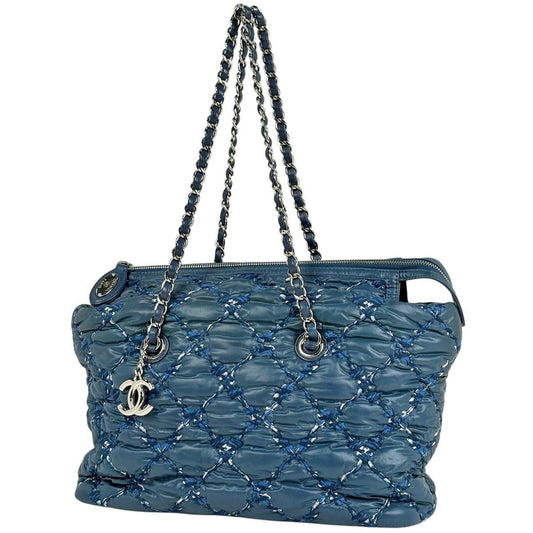 Chanel Paris Visance Chain Shoulder Bag Tote Nylon Blue