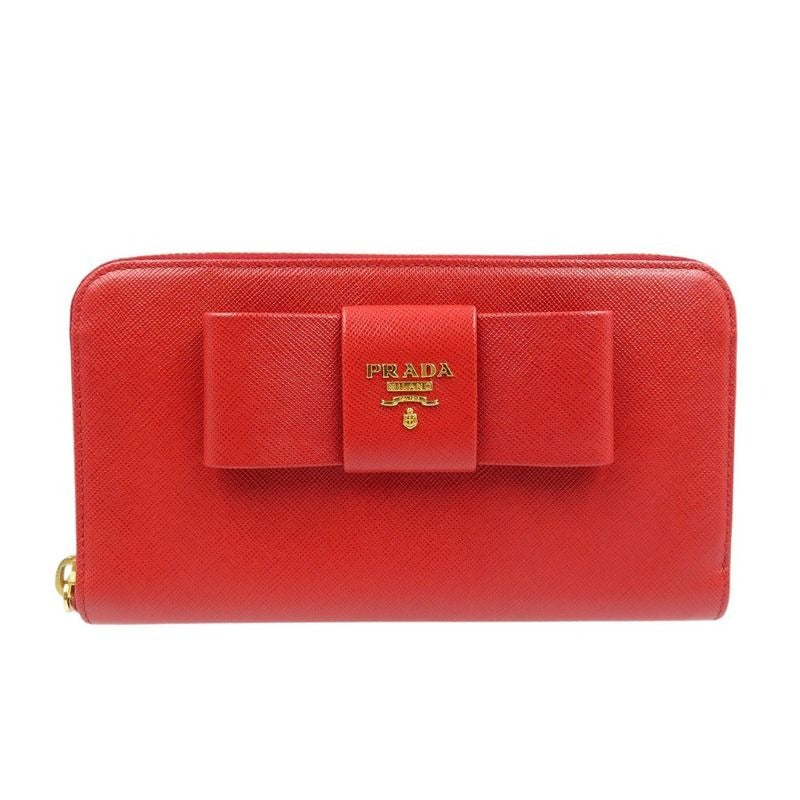 Prada Ribbon 1 M0506 Saffiano Leather Gold Hardware Red Round Zipper Long Wallet