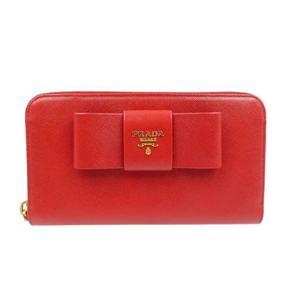 Prada Ribbon 1 M0506 Saffiano Leather Gold Hardware Red Round Zipper Long Wallet